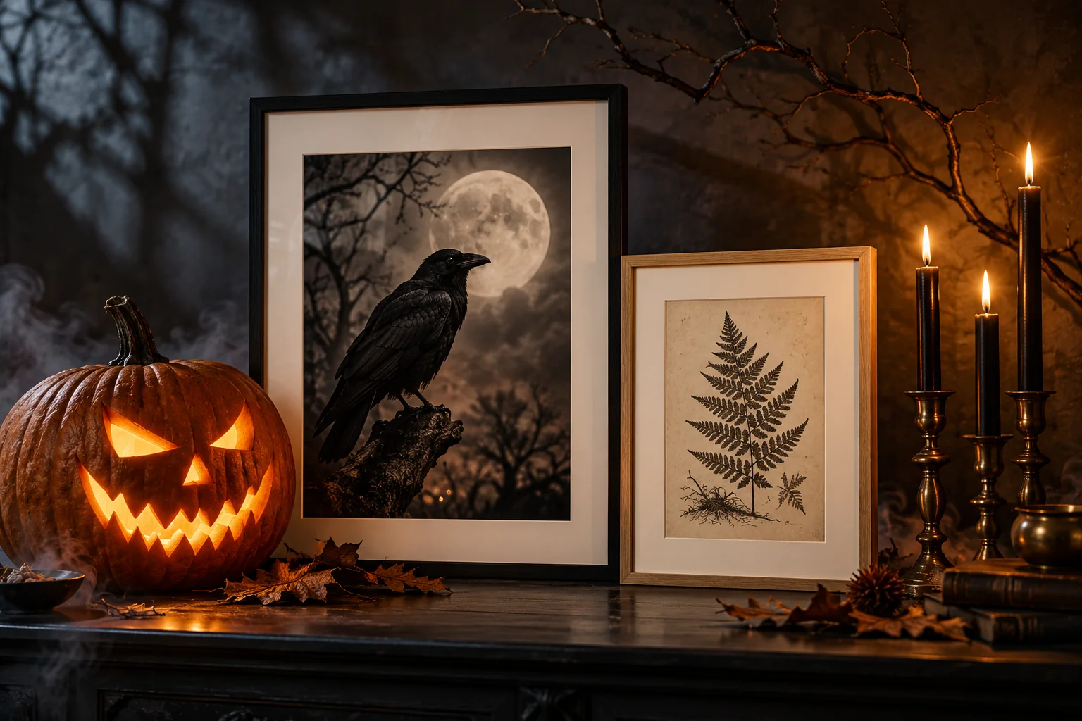 Zwarte en eiken fotolijsten met een verlichte Halloweenpompoen en kaarsen